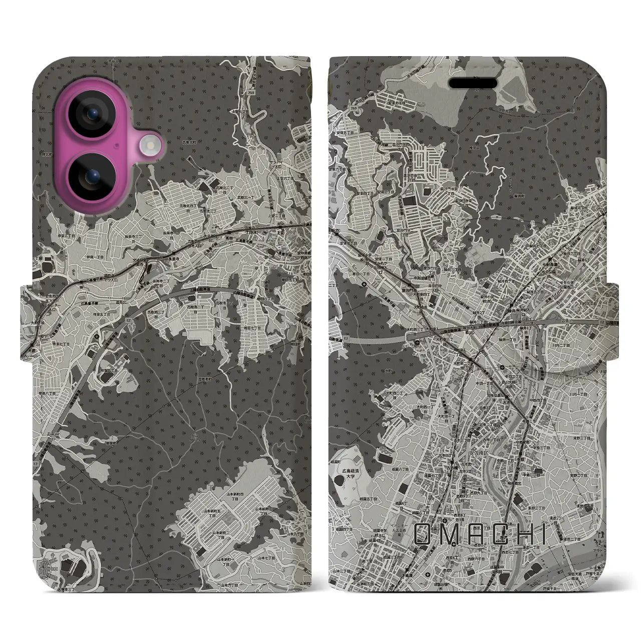 【大町(広島県)】地図柄iPhoneケース(手帳タイプ)