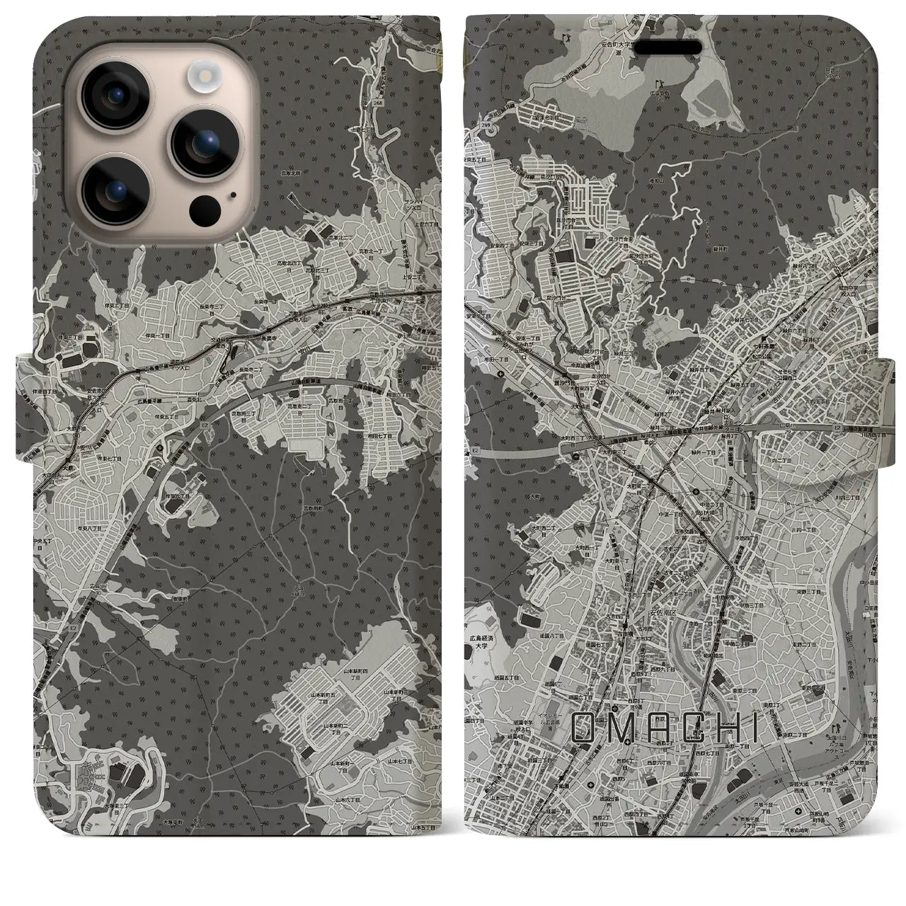 【大町(広島県)】地図柄iPhoneケース(手帳タイプ)