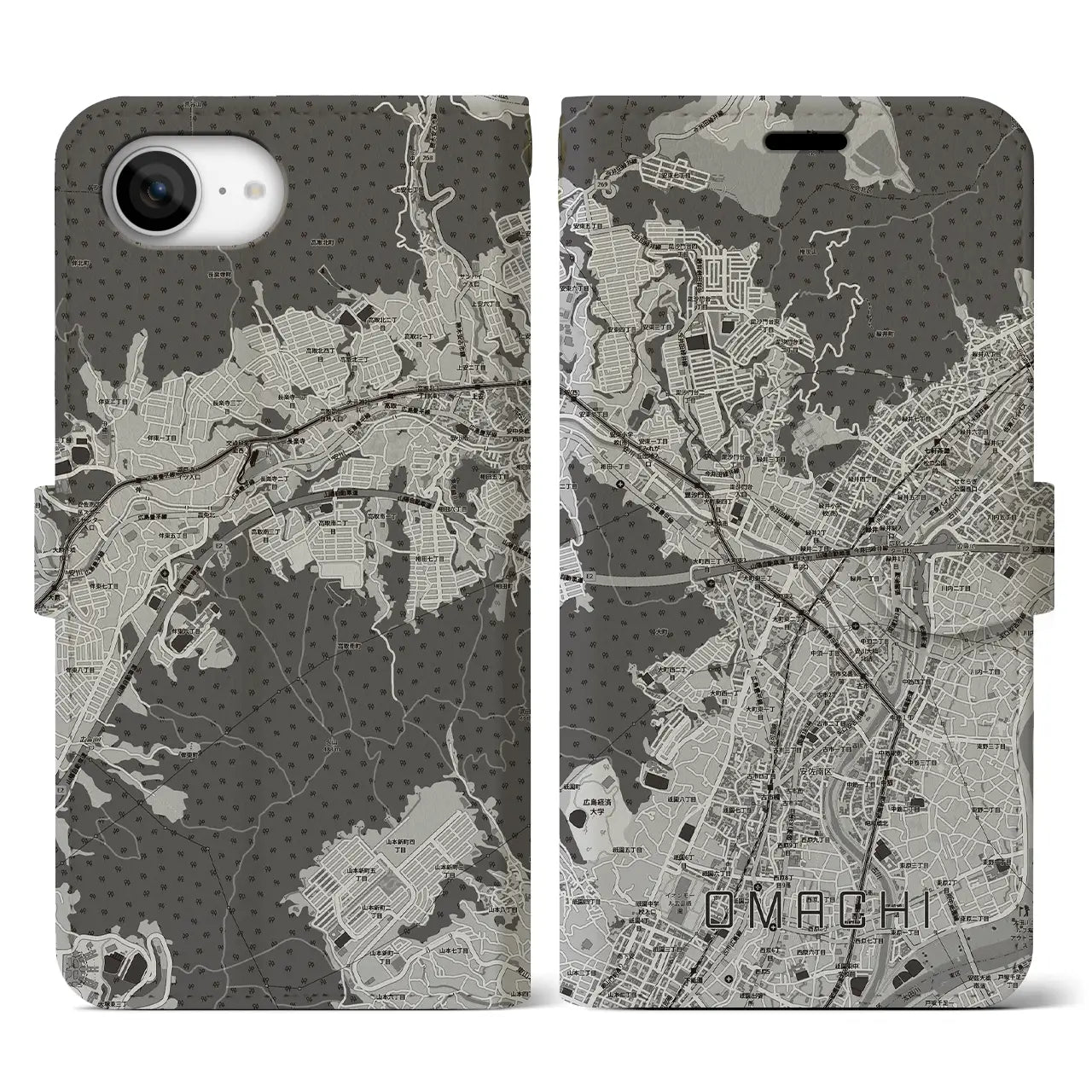 【大町(広島県)】地図柄iPhoneケース(手帳タイプ)