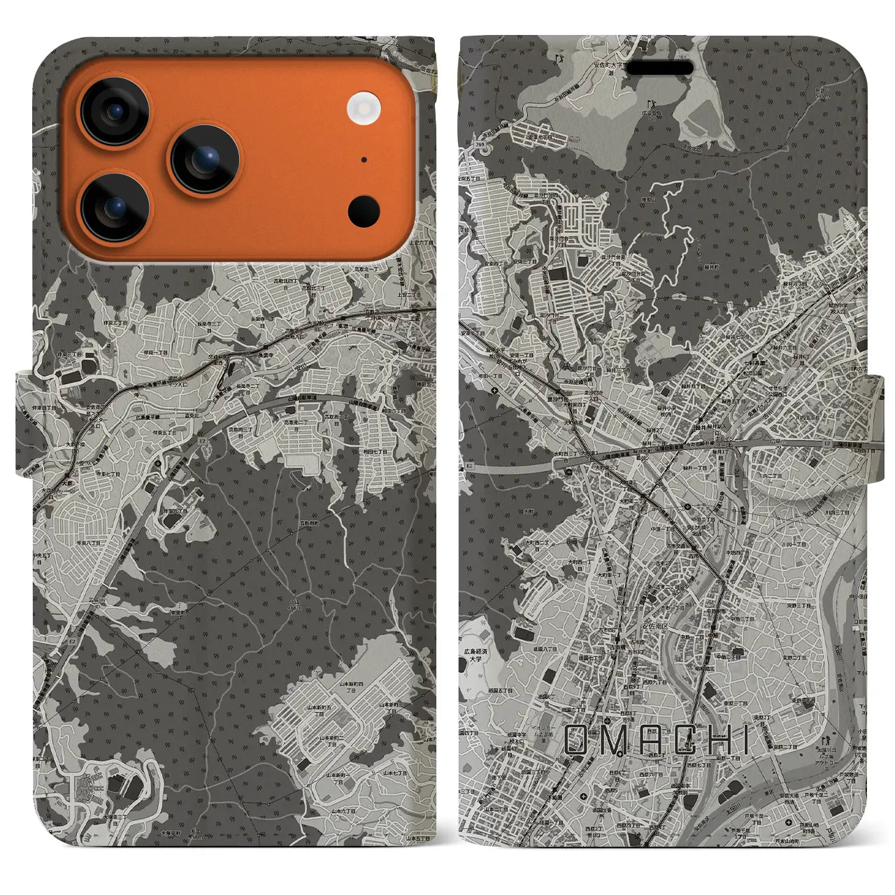 【大町(広島県)】地図柄iPhoneケース(手帳タイプ)