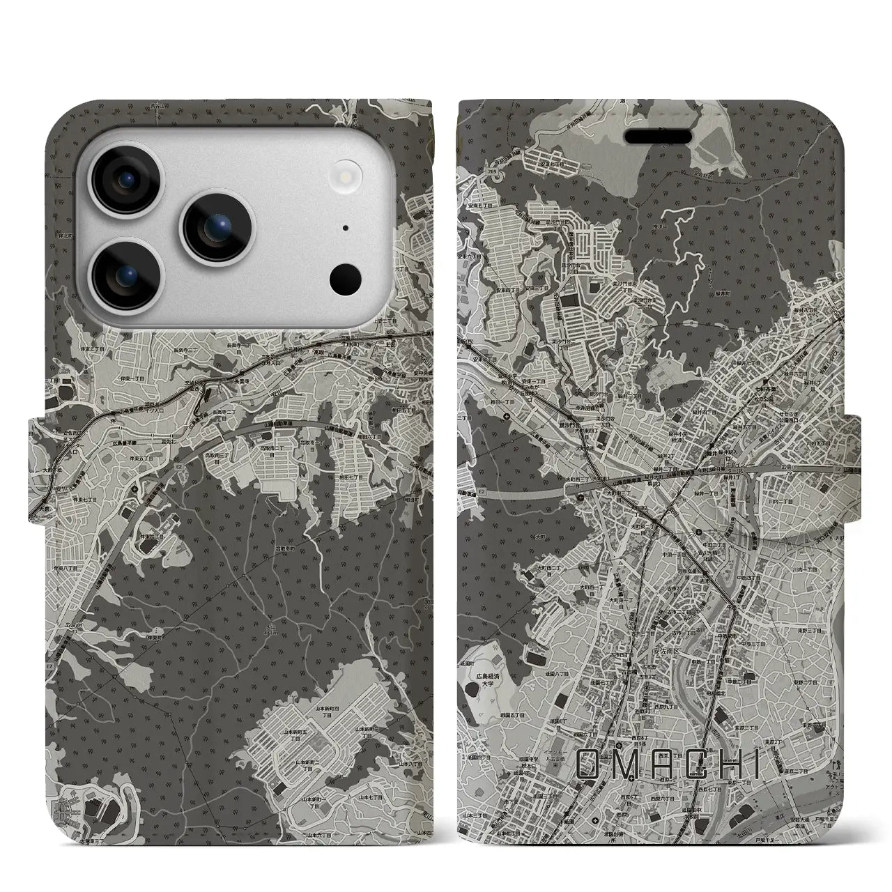 【大町(広島県)】地図柄iPhoneケース(手帳タイプ)