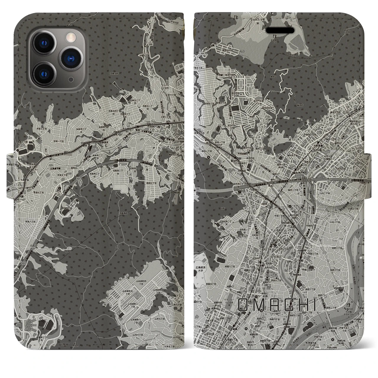 【大町(広島県)】地図柄iPhoneケース(手帳タイプ)