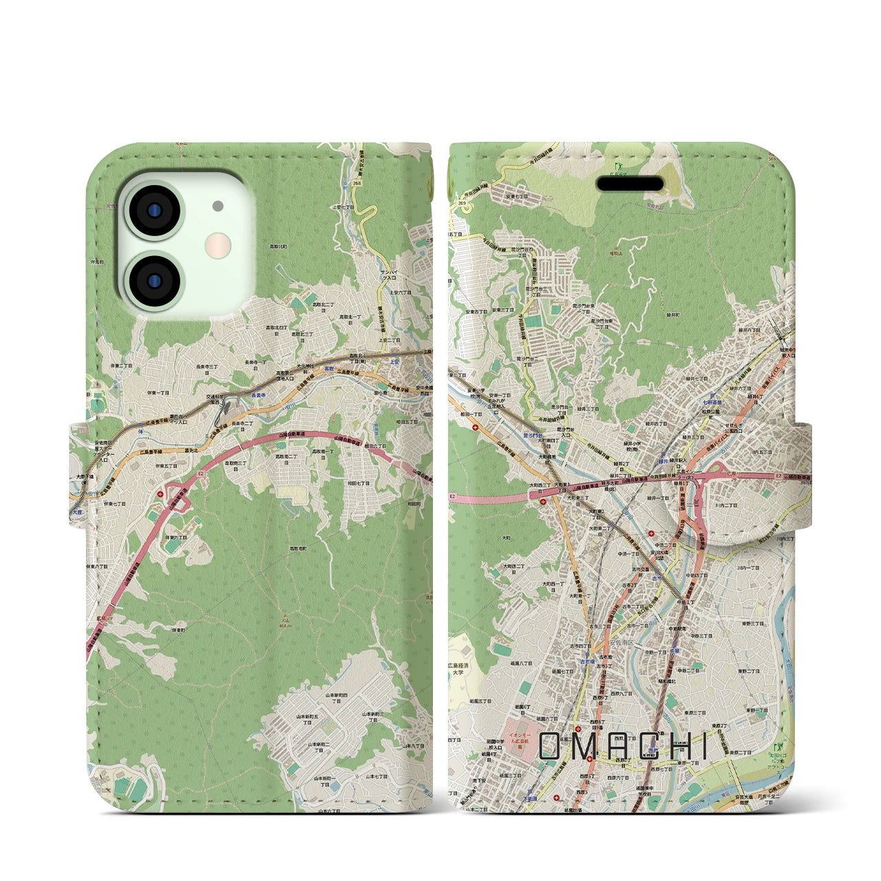 【大町(広島県)】地図柄iPhoneケース(手帳タイプ)