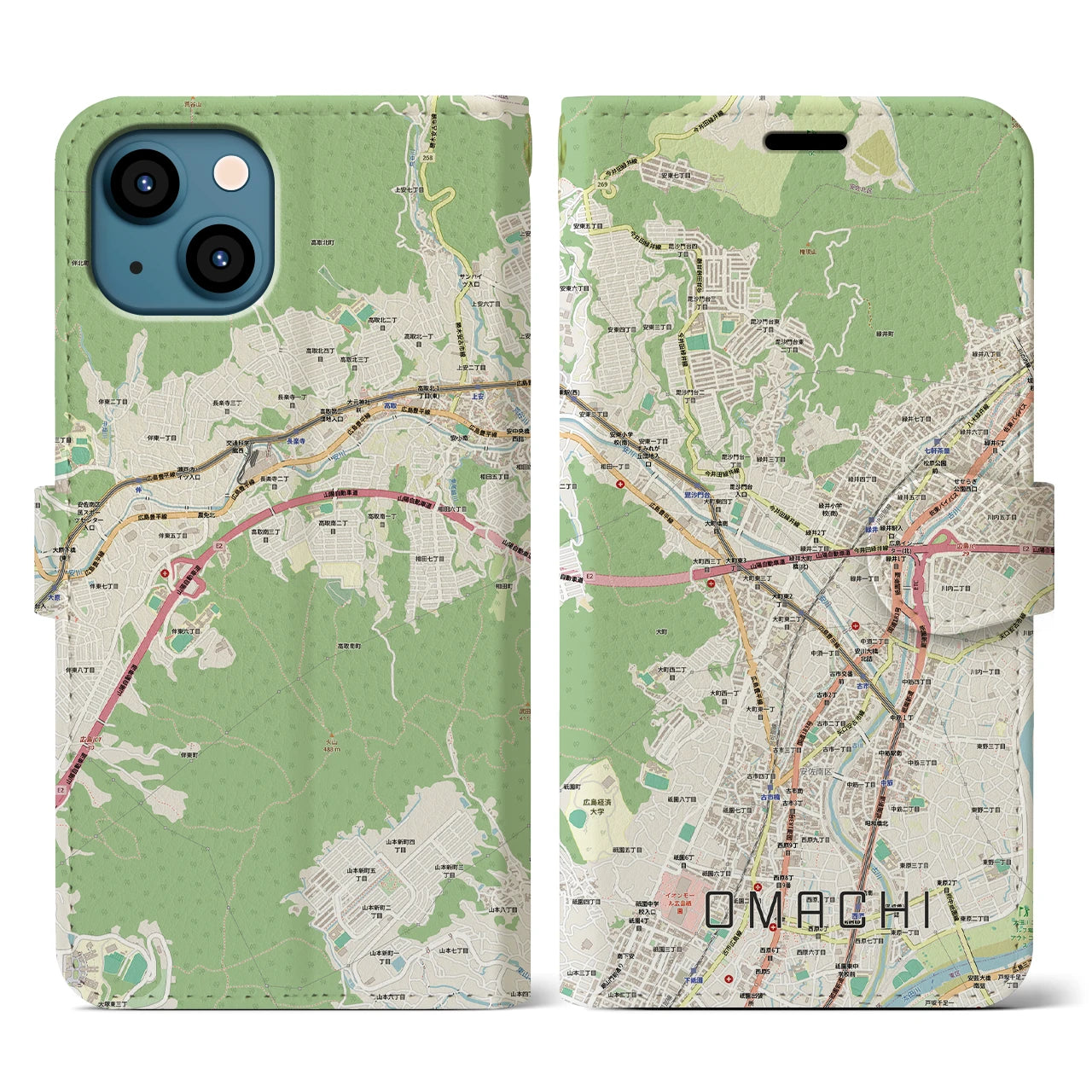 【大町(広島県)】地図柄iPhoneケース(手帳タイプ)
