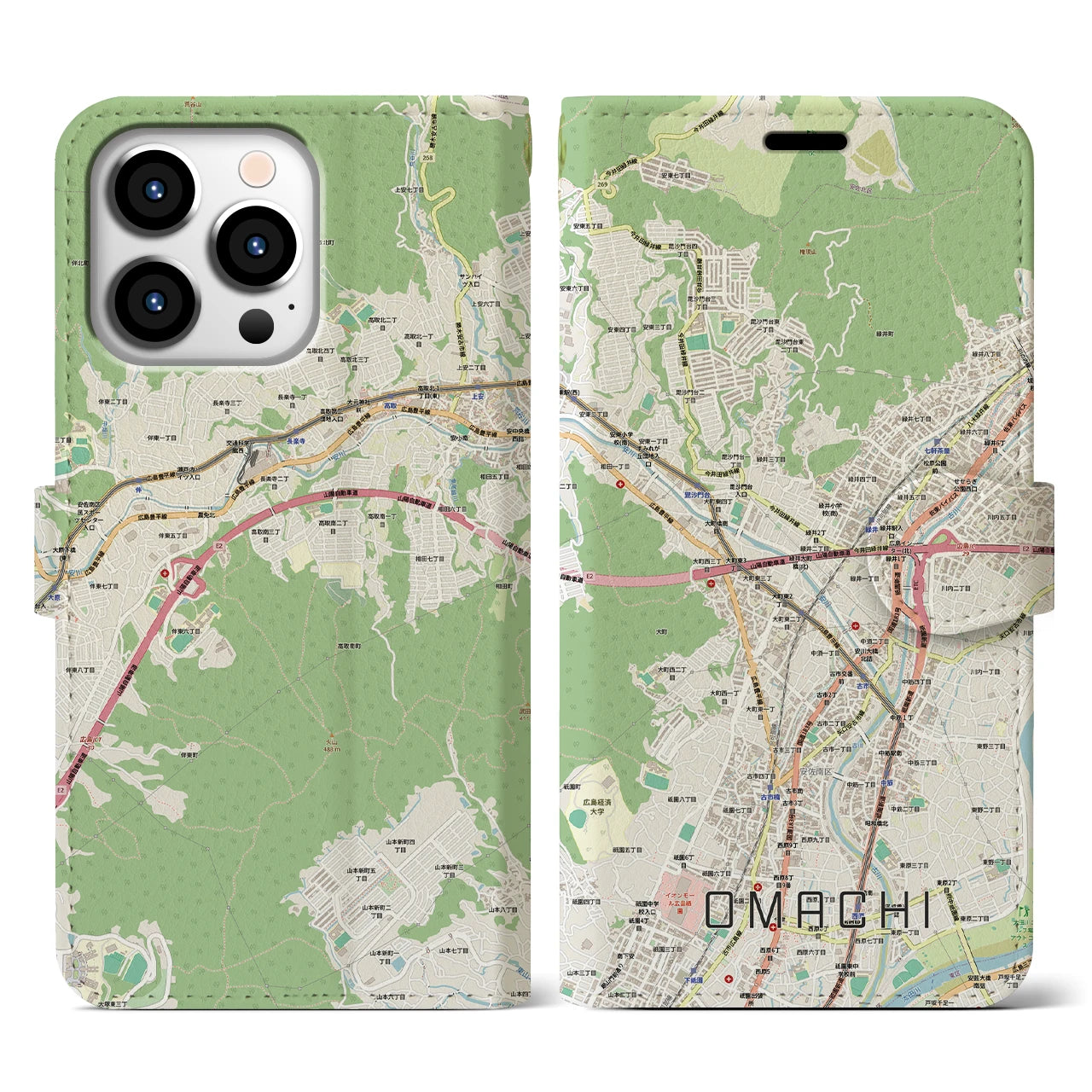 【大町(広島県)】地図柄iPhoneケース(手帳タイプ)