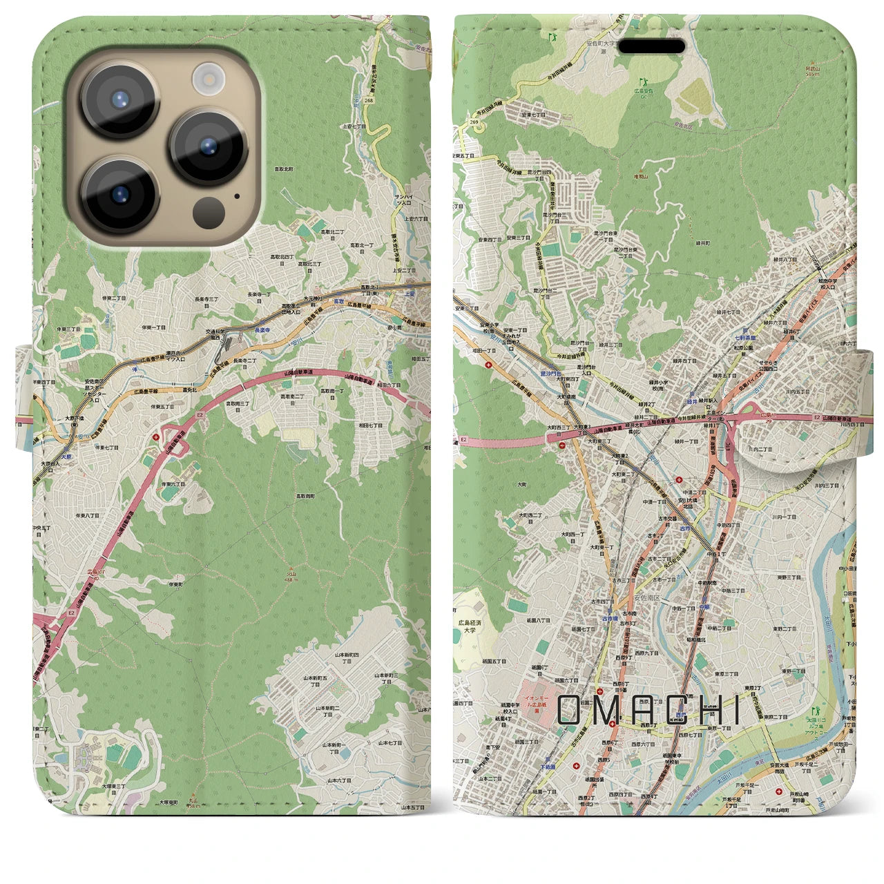 【大町(広島県)】地図柄iPhoneケース(手帳タイプ)