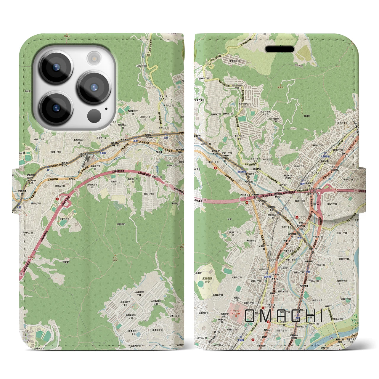 【大町(広島県)】地図柄iPhoneケース(手帳タイプ)