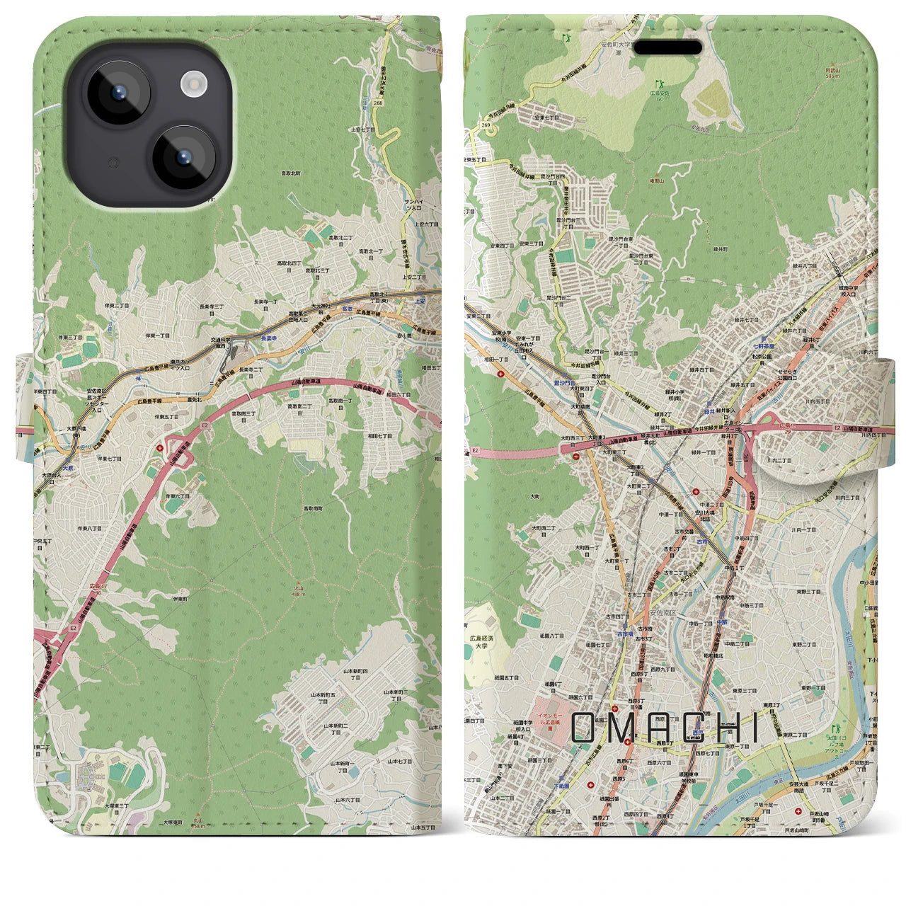 【大町(広島県)】地図柄iPhoneケース(手帳タイプ)