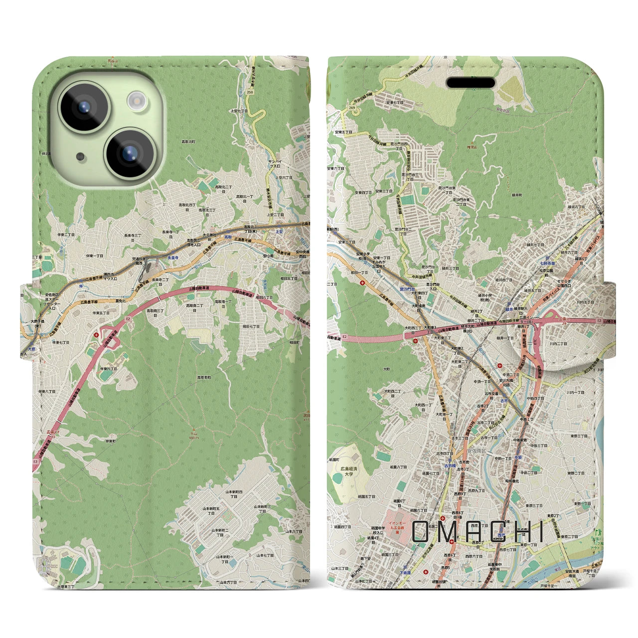 【大町(広島県)】地図柄iPhoneケース(手帳タイプ)