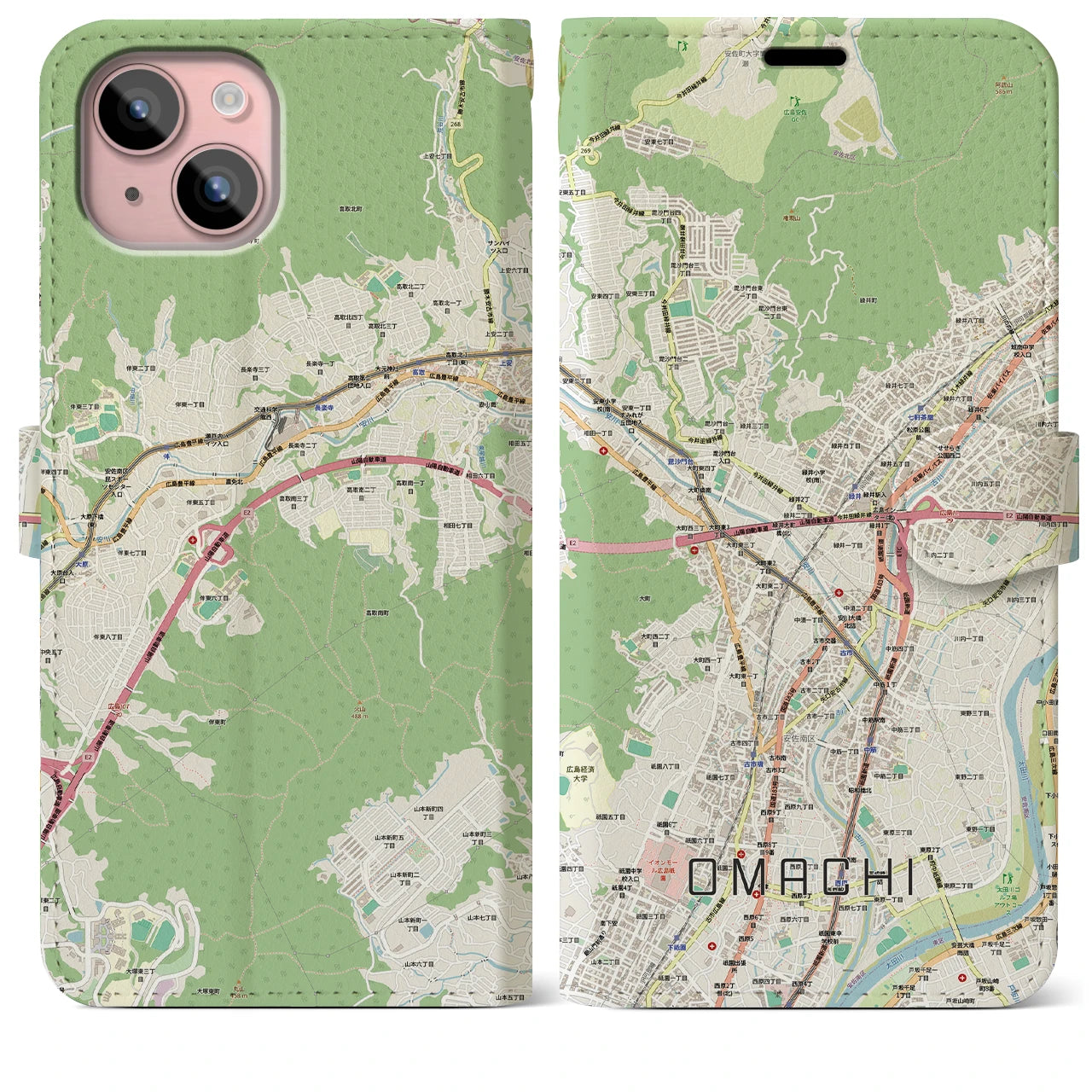 【大町(広島県)】地図柄iPhoneケース(手帳タイプ)