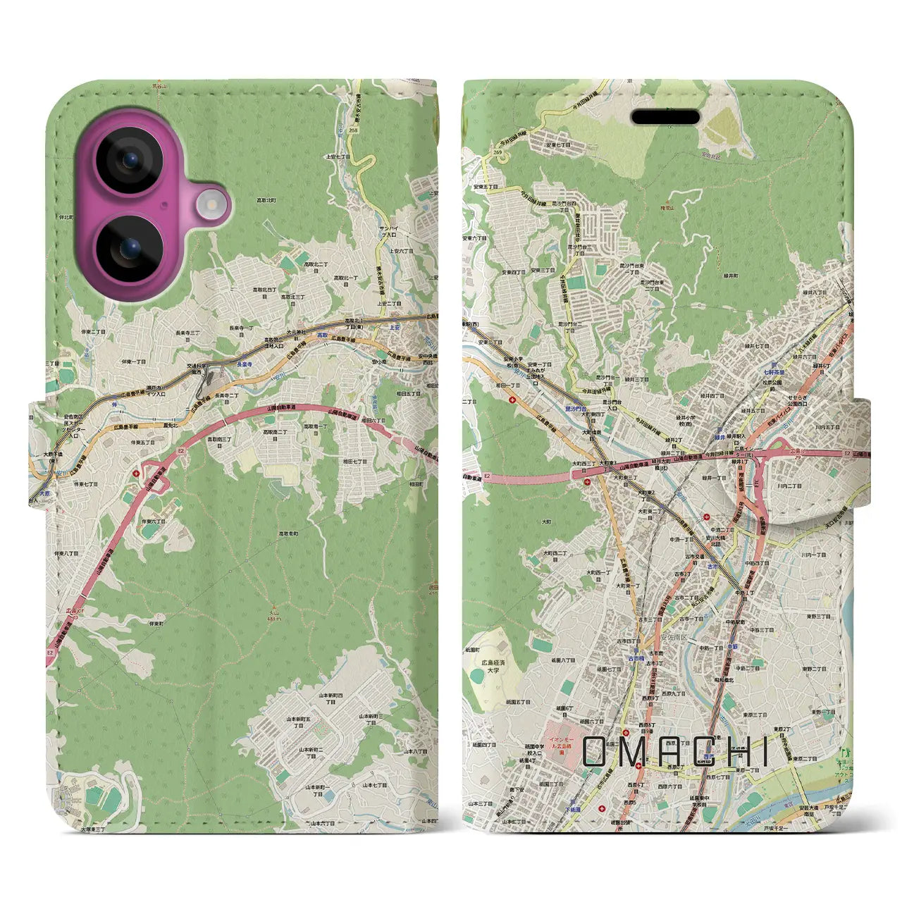 【大町(広島県)】地図柄iPhoneケース(手帳タイプ)