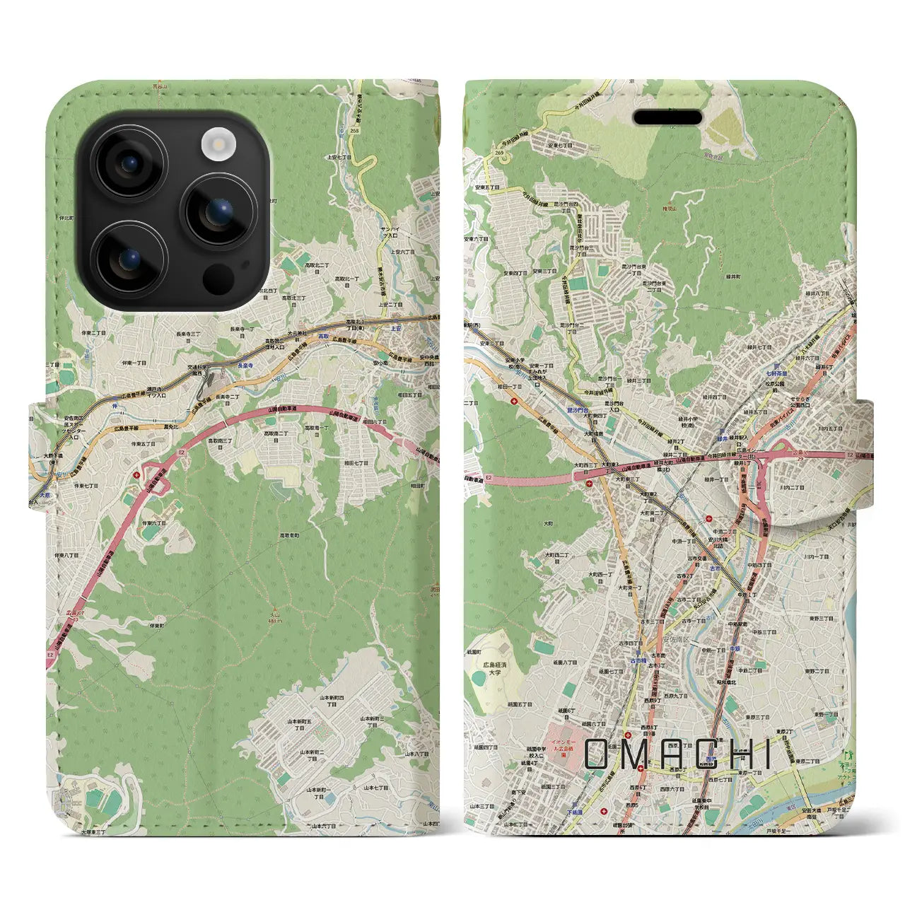 【大町(広島県)】地図柄iPhoneケース(手帳タイプ)