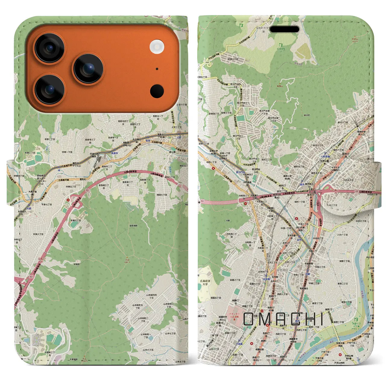 【大町(広島県)】地図柄iPhoneケース(手帳タイプ)モノトーン・iPhone 17 Pro Max 用