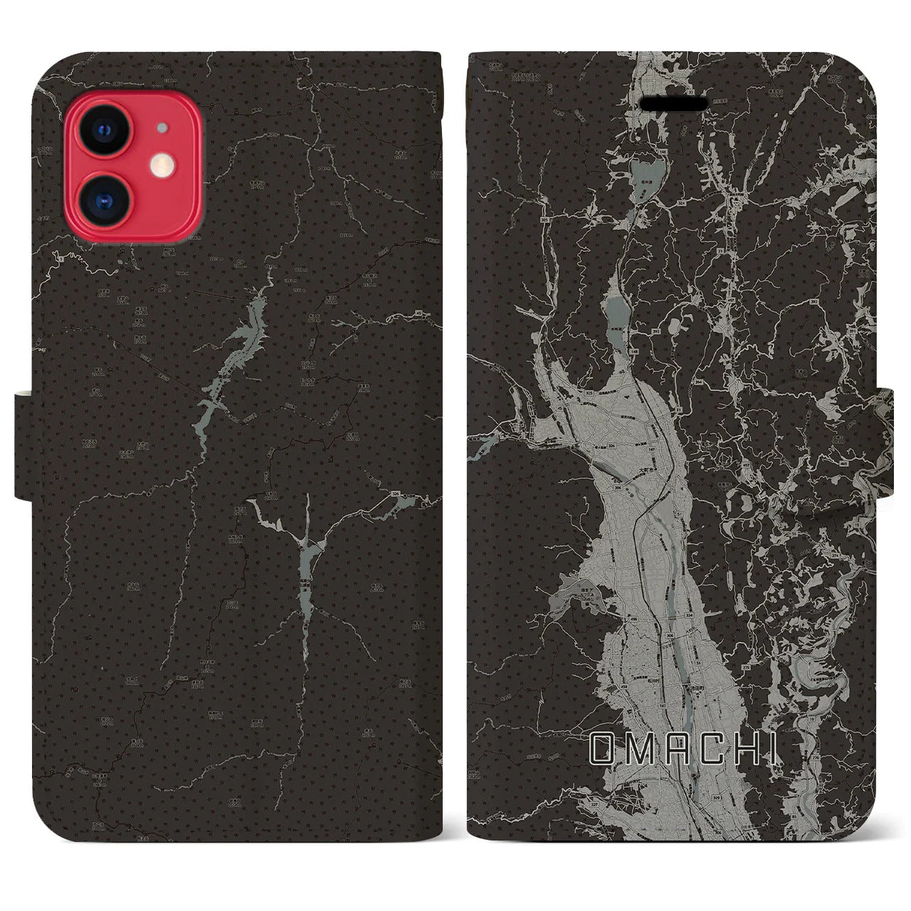 【大町(長野県)】地図柄iPhoneケース(手帳タイプ)モノトーン・iPhone 11 用