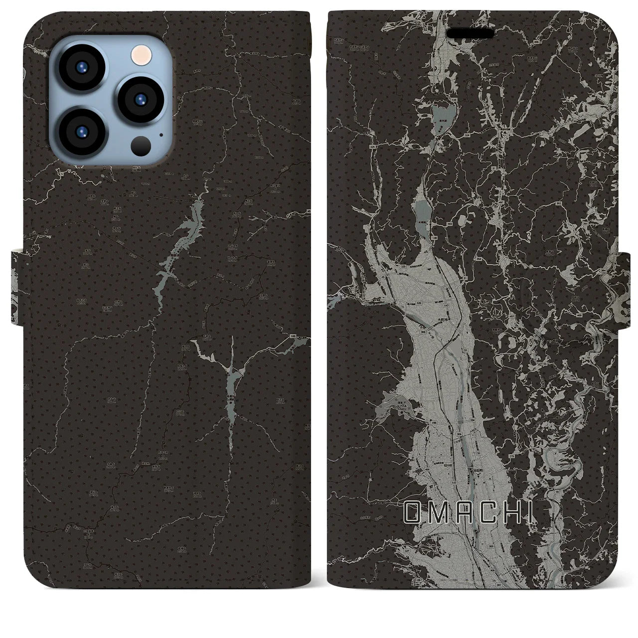 【大町(長野県)】地図柄iPhoneケース(手帳タイプ)モノトーン・iPhone 13 Pro Max 用