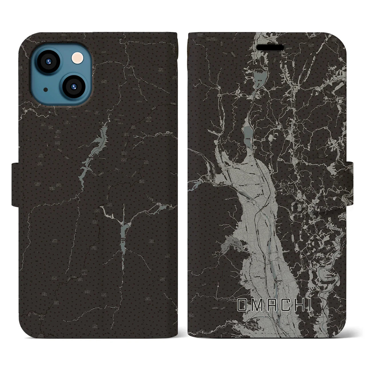 【大町(長野県)】地図柄iPhoneケース(手帳タイプ)モノトーン・iPhone 13 用