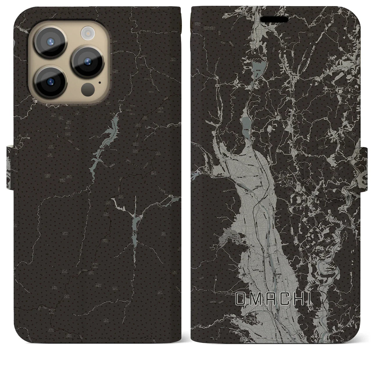 【大町(長野県)】地図柄iPhoneケース(手帳タイプ)モノトーン・iPhone 14 Pro Max 用