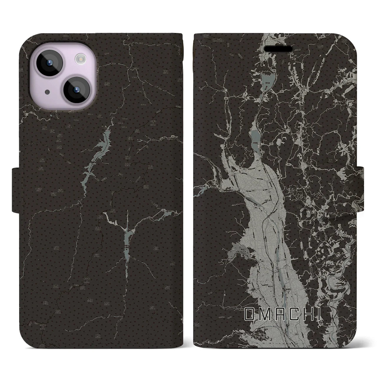 【大町(長野県)】地図柄iPhoneケース(手帳タイプ)モノトーン・iPhone 14 用