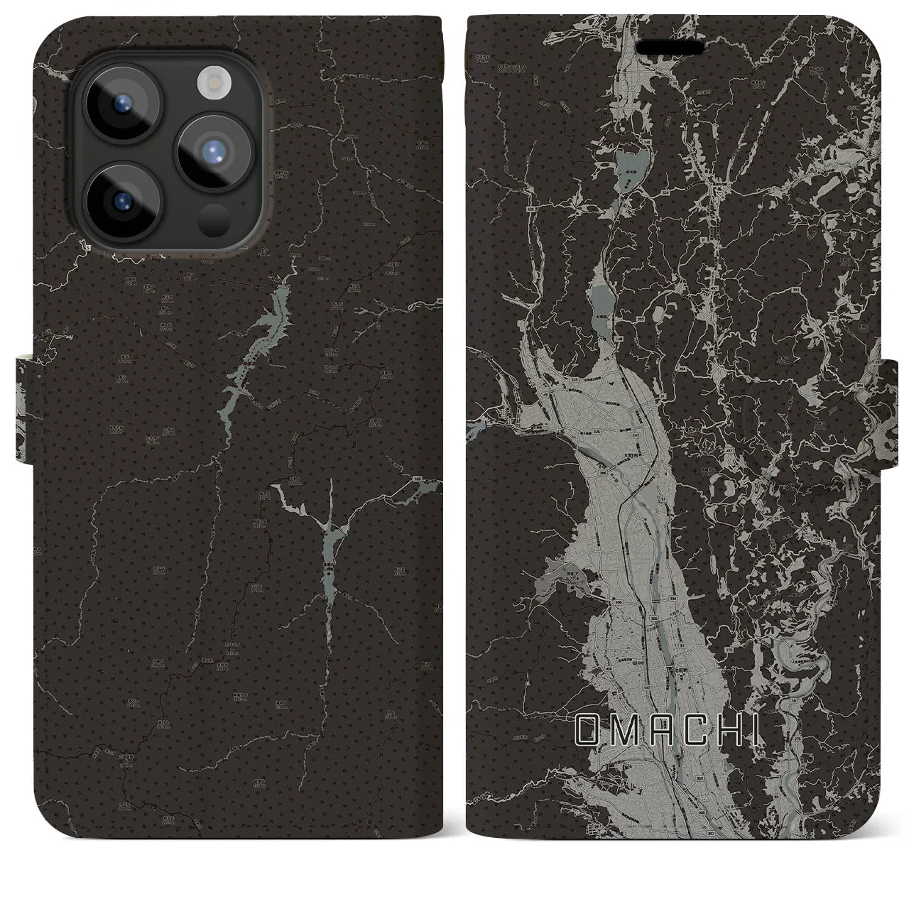 【大町(長野県)】地図柄iPhoneケース(手帳タイプ)モノトーン・iPhone 15 Pro Max 用