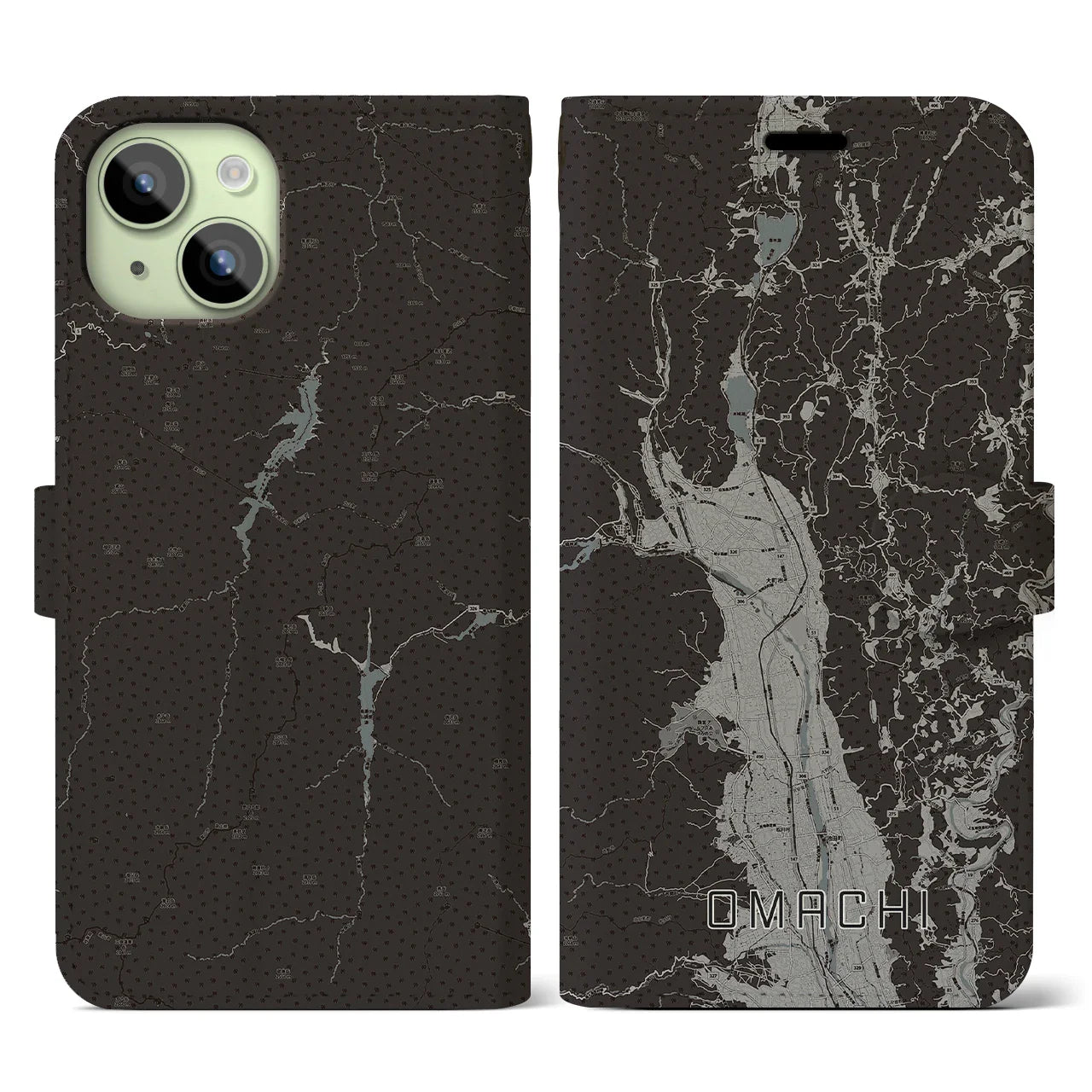 【大町(長野県)】地図柄iPhoneケース(手帳タイプ)モノトーン・iPhone 15 用