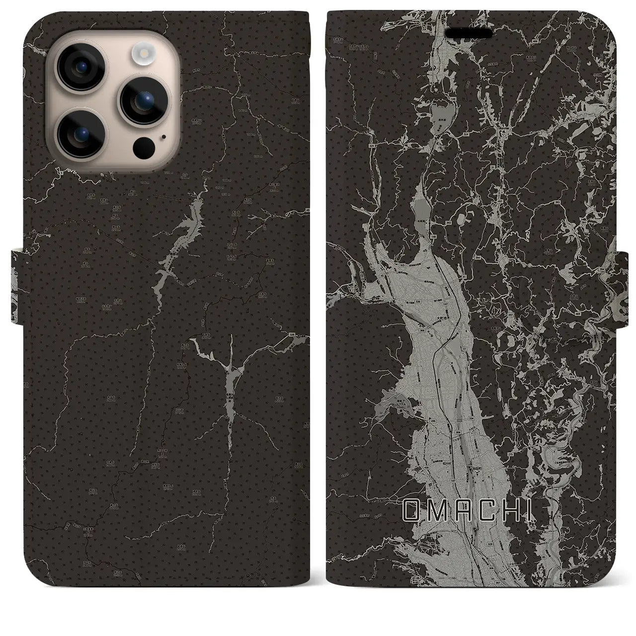 【大町(長野県)】地図柄iPhoneケース(手帳タイプ)モノトーン・iPhone 16 Plus 用