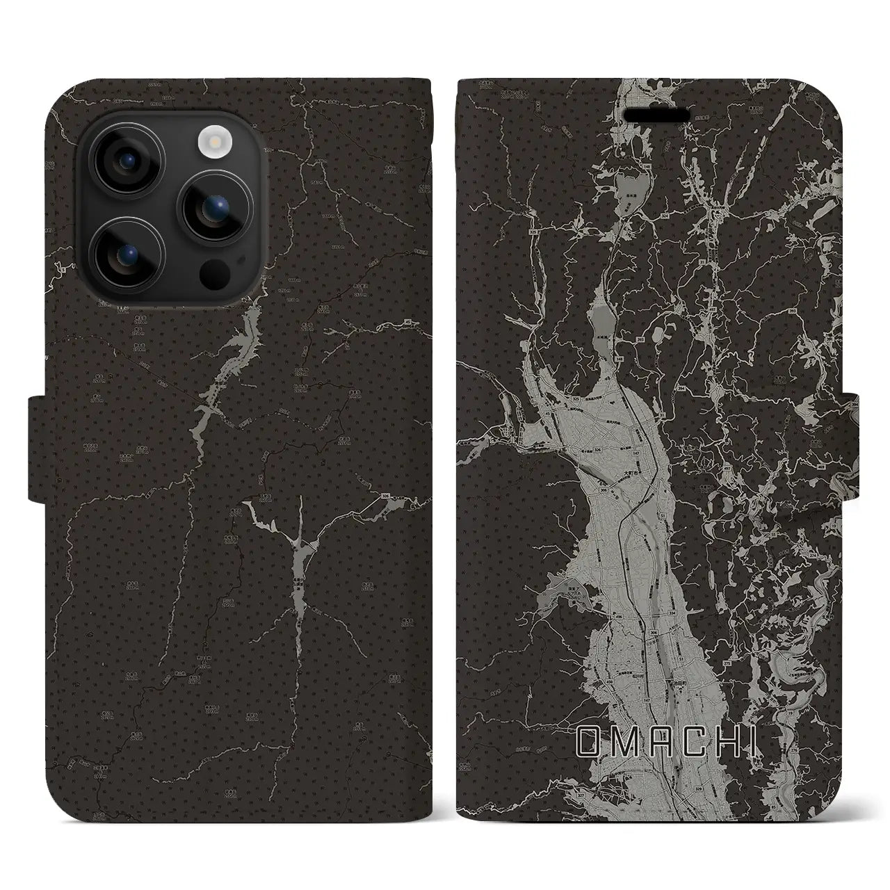 【大町(長野県)】地図柄iPhoneケース(手帳タイプ)モノトーン・iPhone 16 用