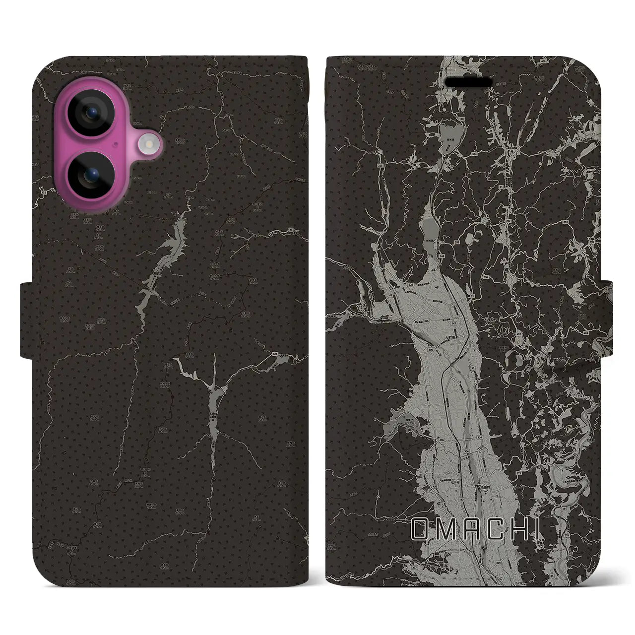 【大町(長野県)】地図柄iPhoneケース(手帳タイプ)モノトーン・iPhone 16 Pro 用