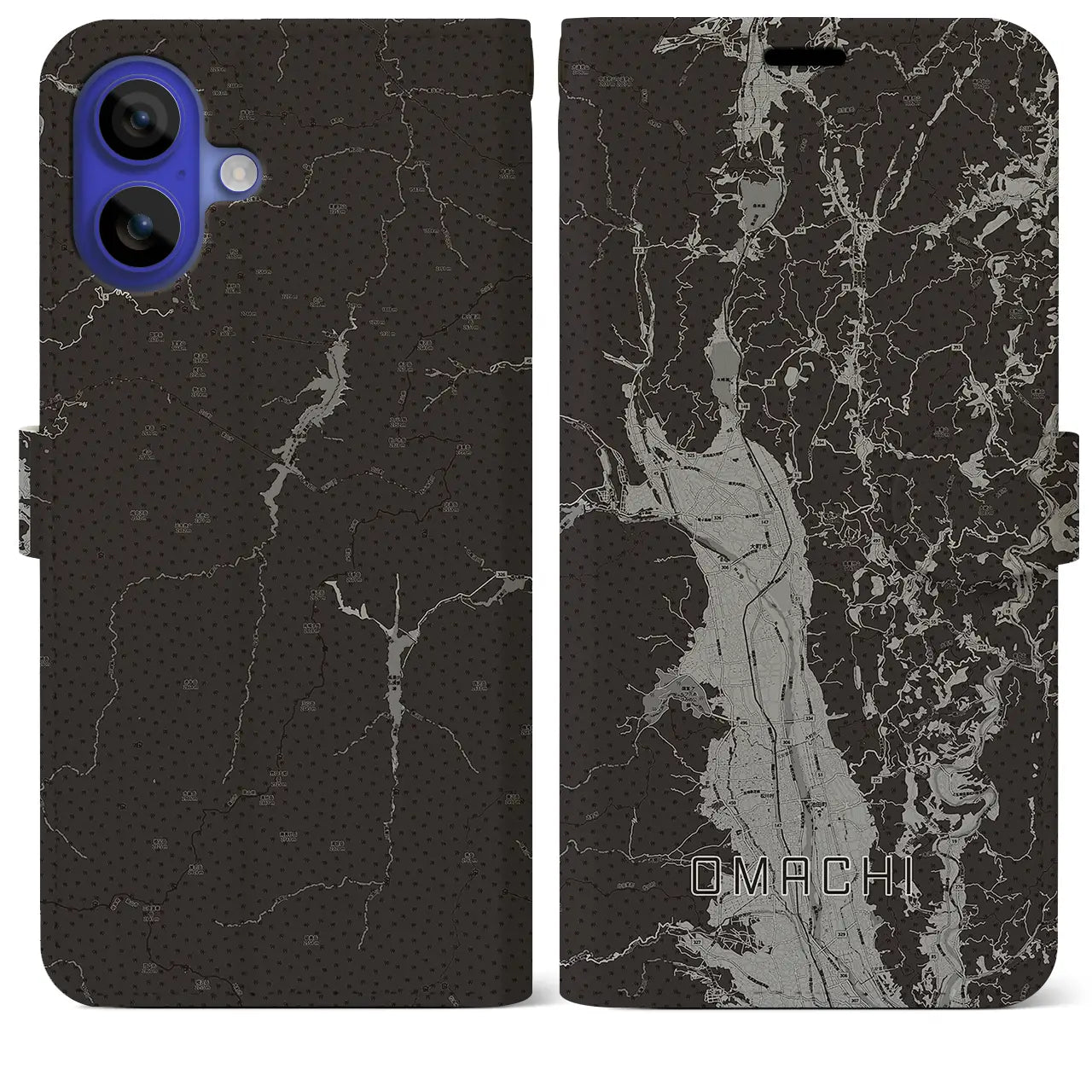 【大町(長野県)】地図柄iPhoneケース(手帳タイプ)モノトーン・iPhone 16 Pro Max 用