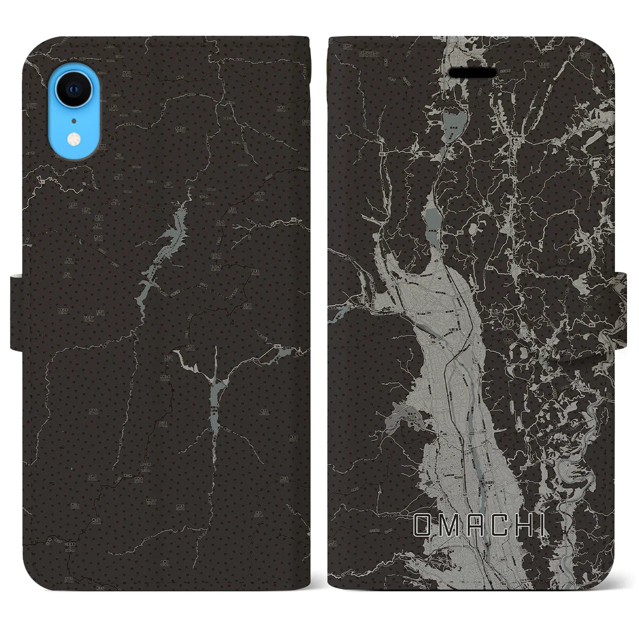 【大町(長野県)】地図柄iPhoneケース(手帳タイプ)モノトーン・iPhone XR 用