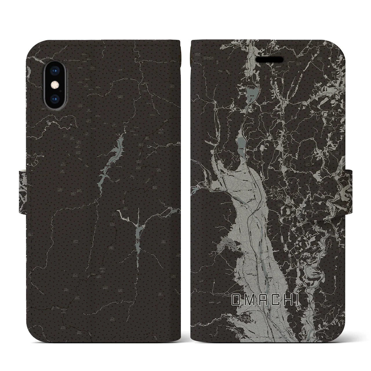 【大町(長野県)】地図柄iPhoneケース(手帳タイプ)モノトーン・iPhone XS / X 用