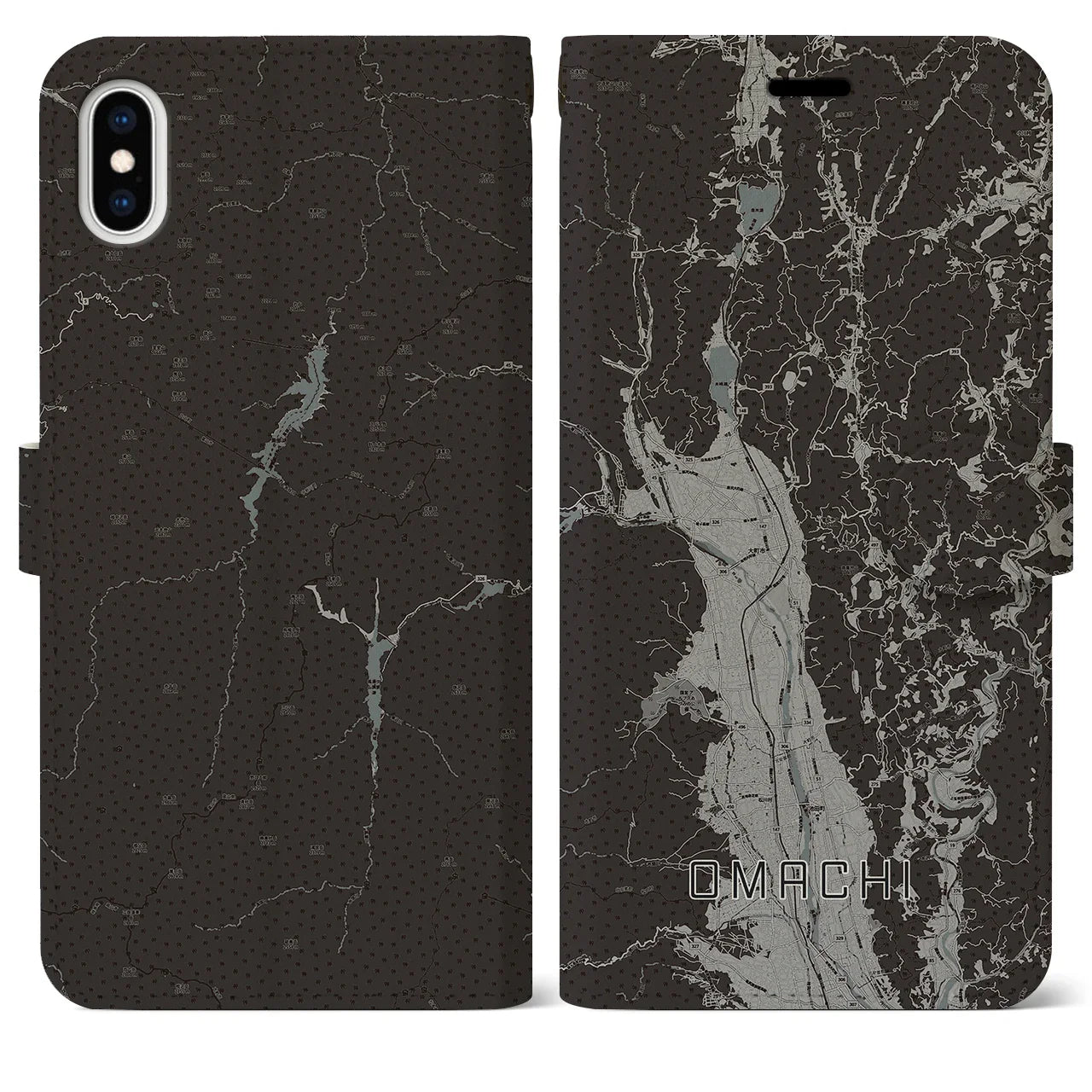 【大町(長野県)】地図柄iPhoneケース(手帳タイプ)モノトーン・iPhone XS Max 用