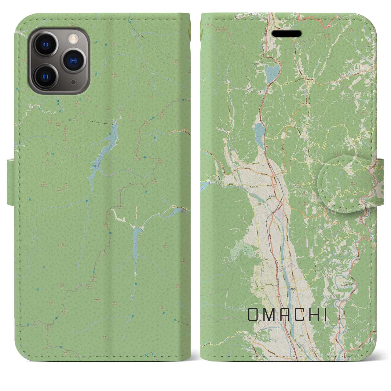 【大町(長野県)】地図柄iPhoneケース(手帳タイプ)ナチュラル・iPhone 11 Pro Max 用