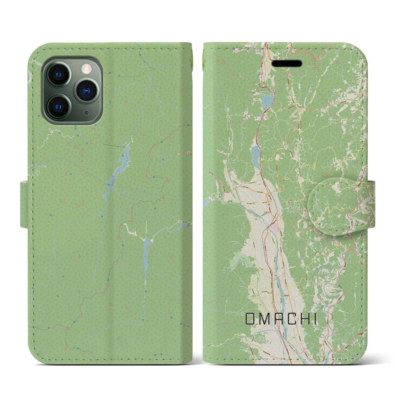 【大町(長野県)】地図柄iPhoneケース(手帳タイプ)ナチュラル・iPhone 11 Pro 用