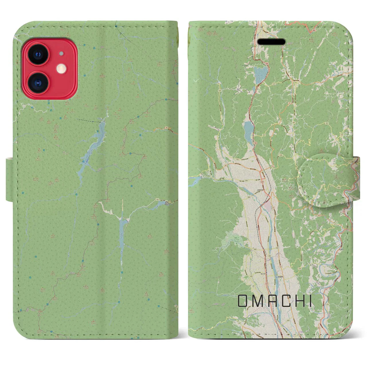 【大町(長野県)】地図柄iPhoneケース(手帳タイプ)ナチュラル・iPhone 11 用