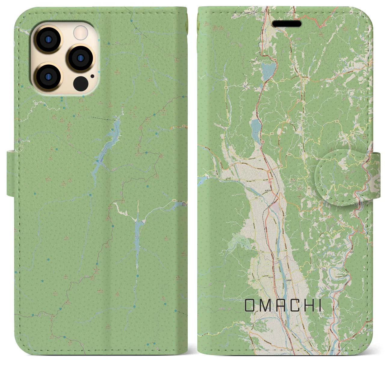 【大町(長野県)】地図柄iPhoneケース(手帳タイプ)ナチュラル・iPhone 12 Pro Max 用