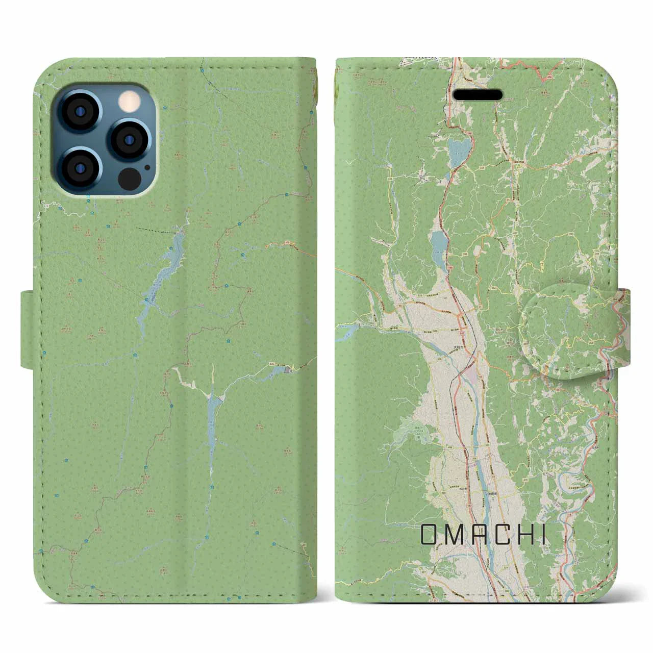 【大町(長野県)】地図柄iPhoneケース(手帳タイプ)ナチュラル・iPhone 12 / 12 Pro 用
