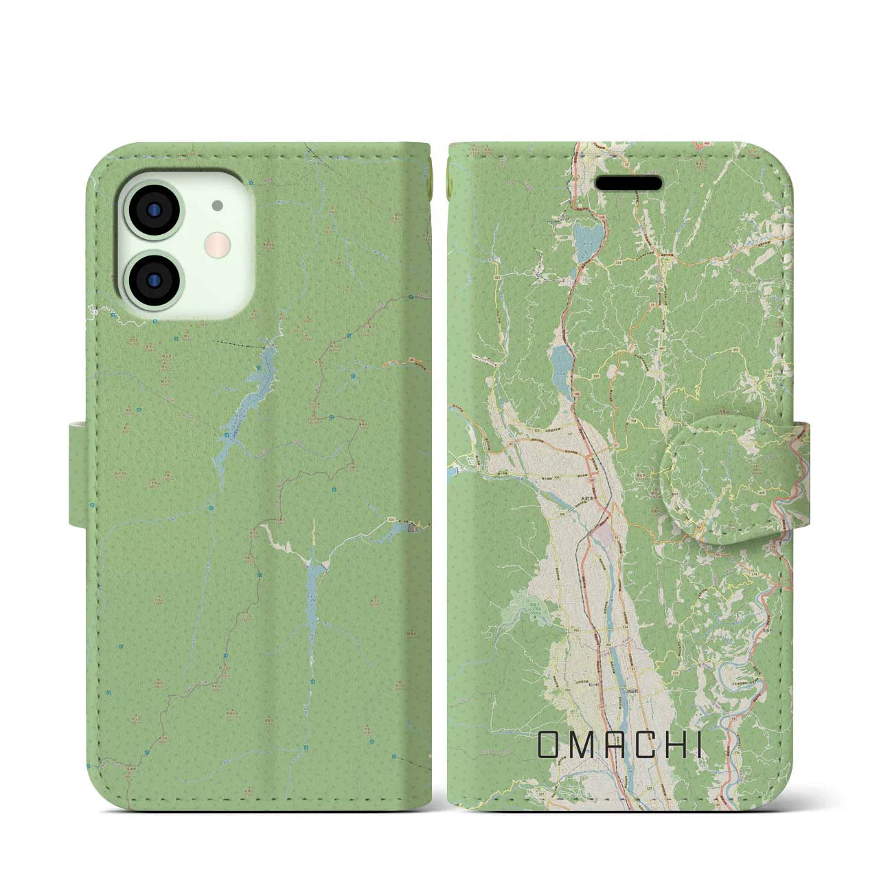【大町(長野県)】地図柄iPhoneケース(手帳タイプ)ナチュラル・iPhone 12 mini 用