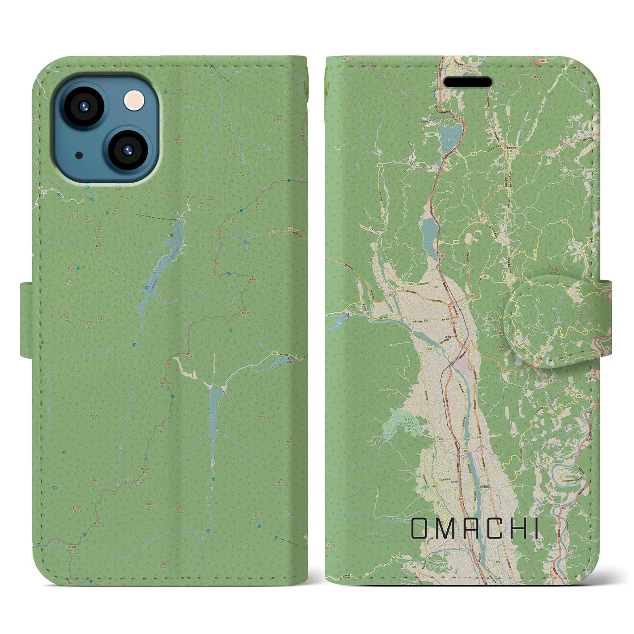 【大町(長野県)】地図柄iPhoneケース(手帳タイプ)ナチュラル・iPhone 13 用