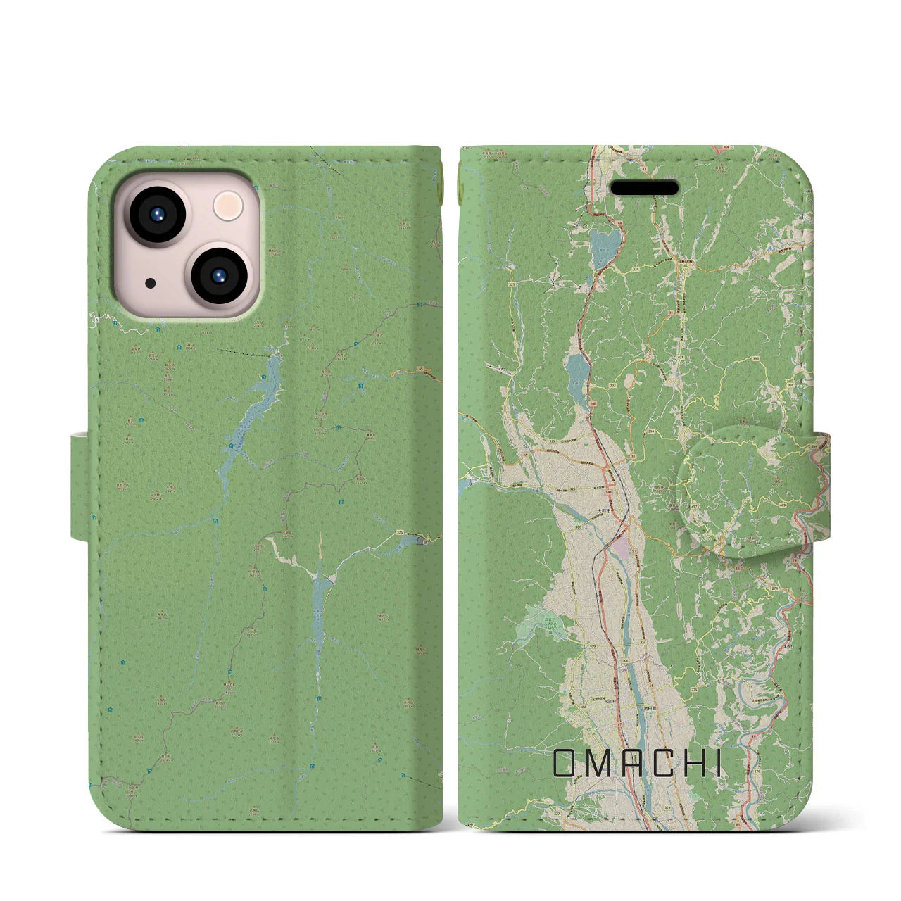 【大町(長野県)】地図柄iPhoneケース(手帳タイプ)ナチュラル・iPhone 13 mini 用