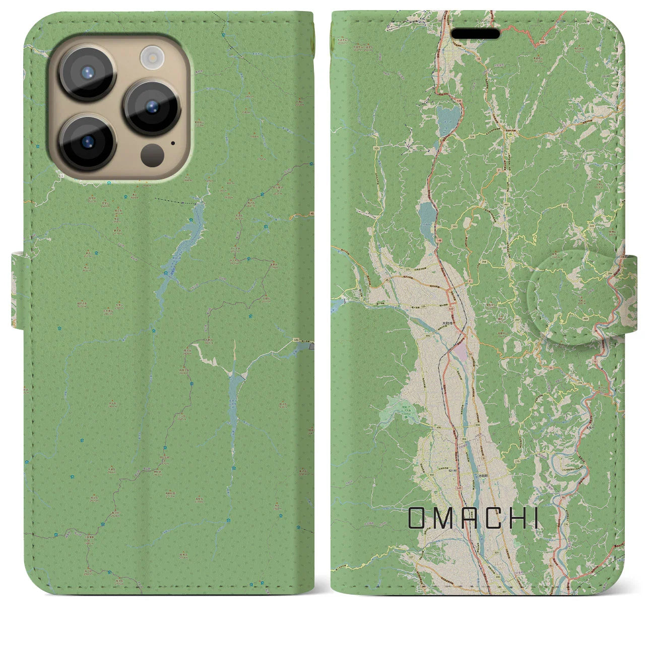 【大町(長野県)】地図柄iPhoneケース(手帳タイプ)ナチュラル・iPhone 14 Pro Max 用