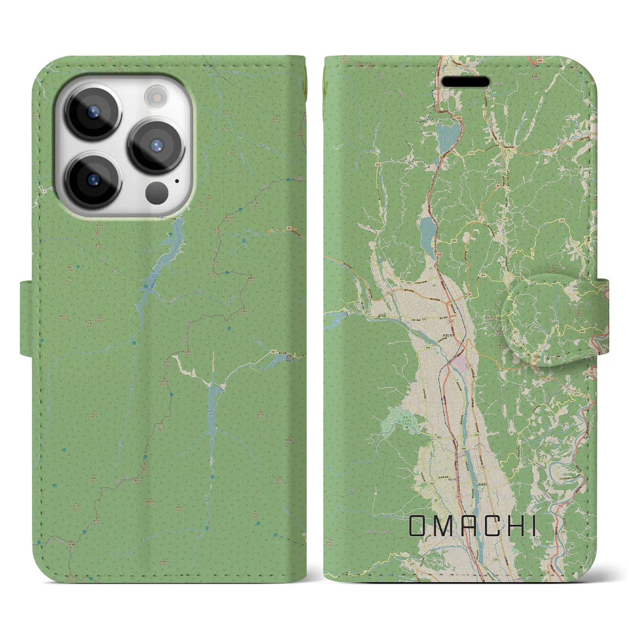 【大町(長野県)】地図柄iPhoneケース(手帳タイプ)ナチュラル・iPhone 14 Pro 用