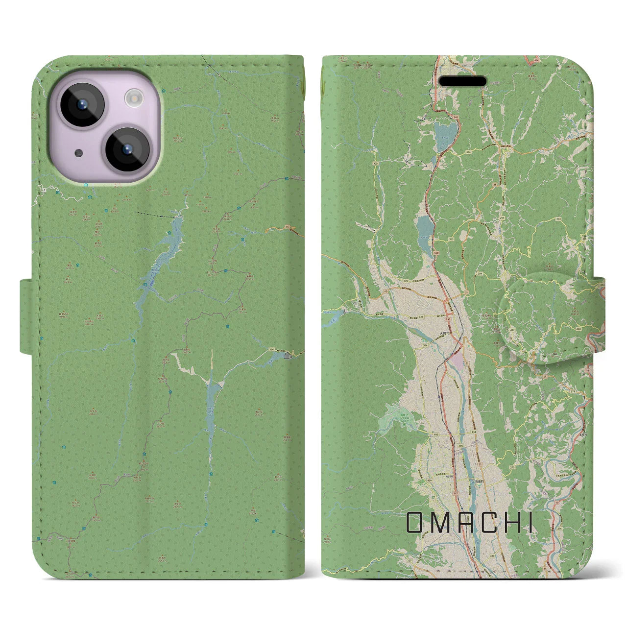 【大町(長野県)】地図柄iPhoneケース(手帳タイプ)ナチュラル・iPhone 14 用
