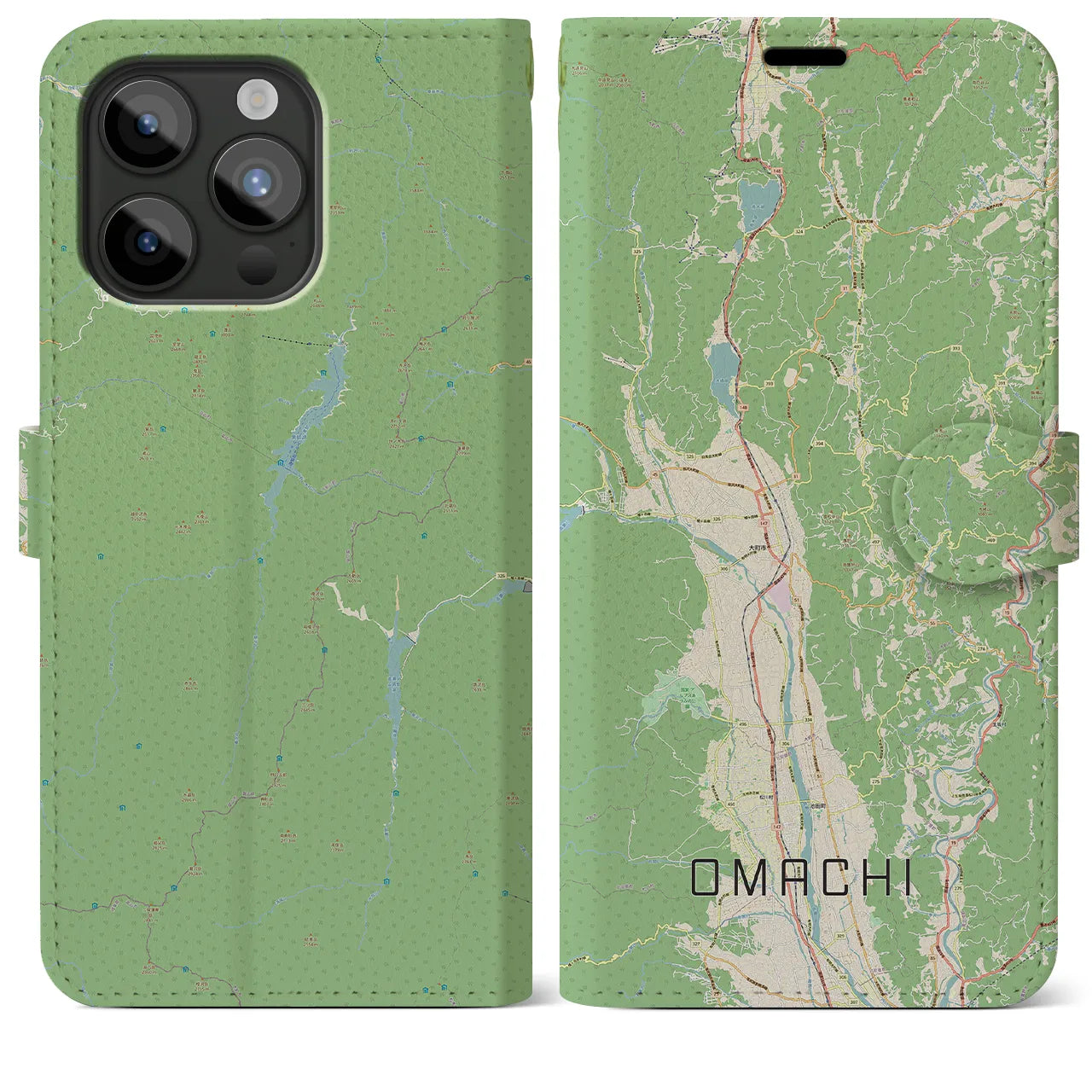 【大町(長野県)】地図柄iPhoneケース(手帳タイプ)ナチュラル・iPhone 15 Pro Max 用