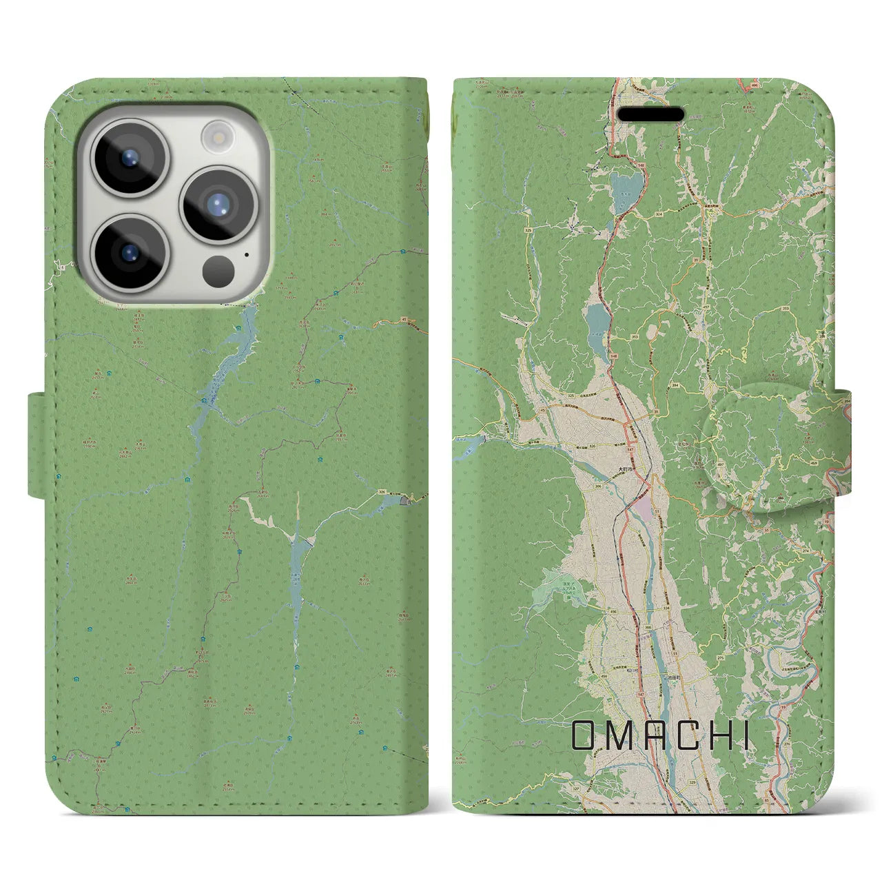【大町(長野県)】地図柄iPhoneケース(手帳タイプ)ナチュラル・iPhone 15 Pro 用