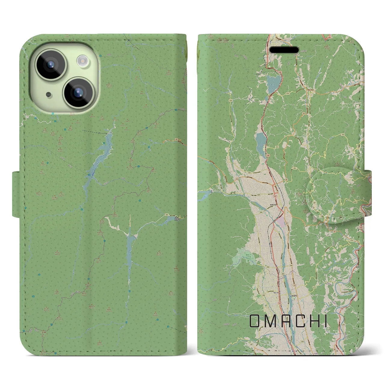 【大町(長野県)】地図柄iPhoneケース(手帳タイプ)ナチュラル・iPhone 15 用