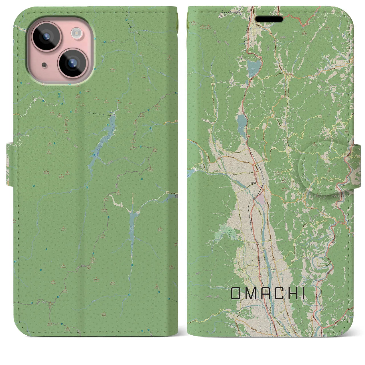 【大町(長野県)】地図柄iPhoneケース(手帳タイプ)ナチュラル・iPhone 15 Plus 用