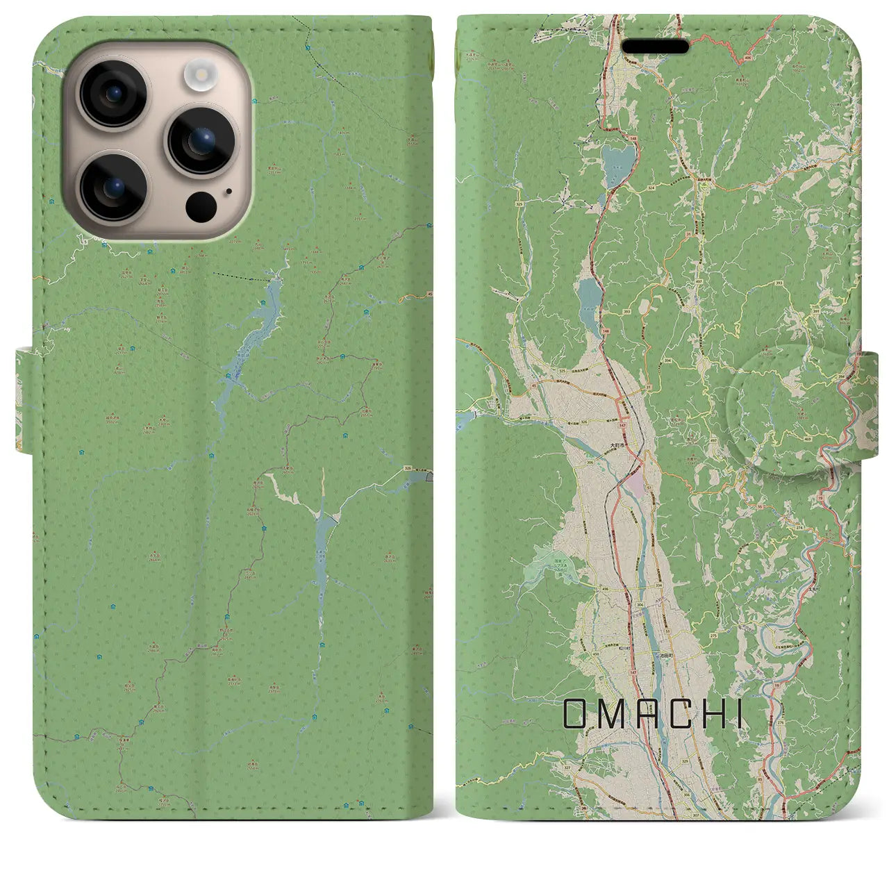 【大町(長野県)】地図柄iPhoneケース(手帳タイプ)ナチュラル・iPhone 16 Plus 用