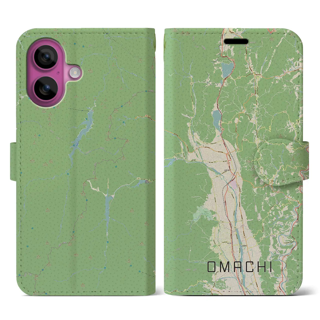 【大町(長野県)】地図柄iPhoneケース(手帳タイプ)ナチュラル・iPhone 16 Pro 用