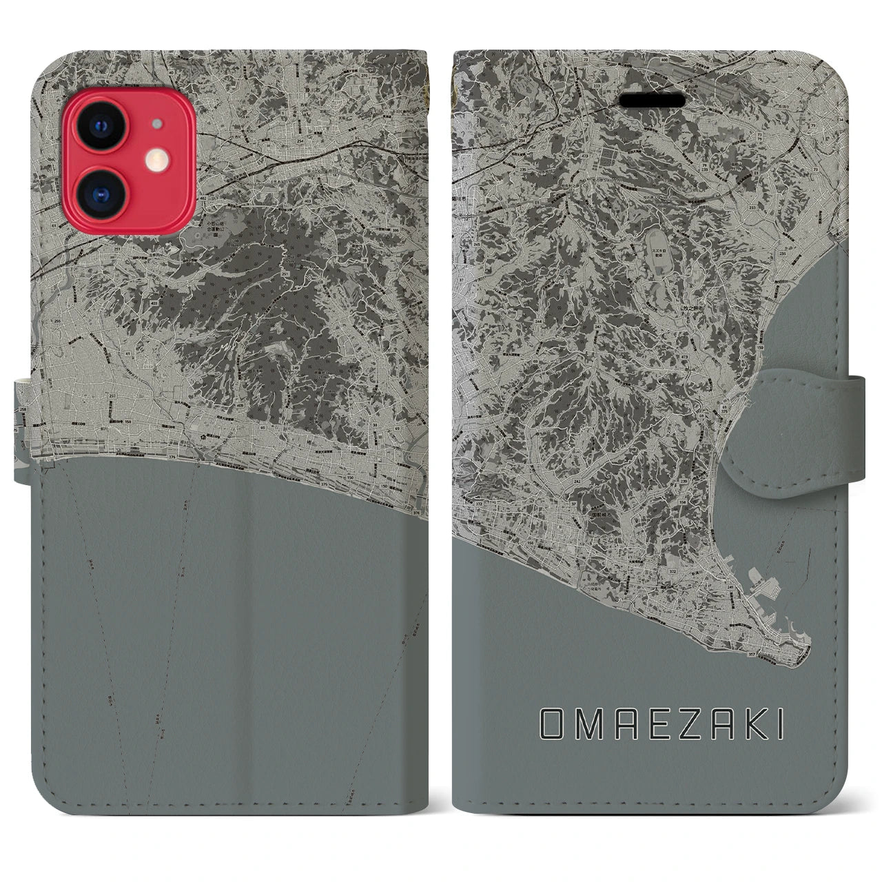 【御前崎(静岡県)】地図柄iPhoneケース(手帳タイプ)モノトーン・iPhone 11 用