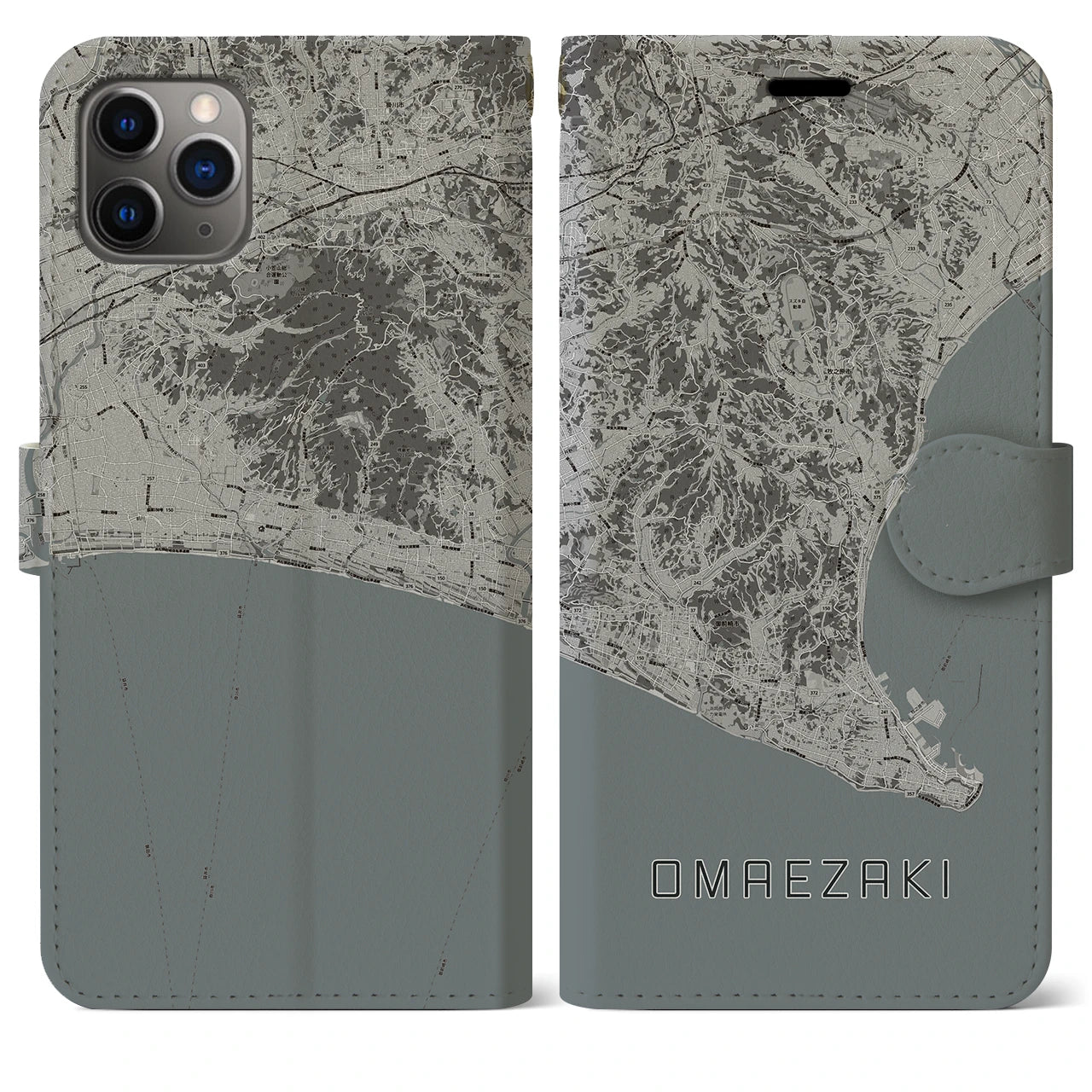 【御前崎(静岡県)】地図柄iPhoneケース(手帳タイプ)モノトーン・iPhone 11 Pro Max 用